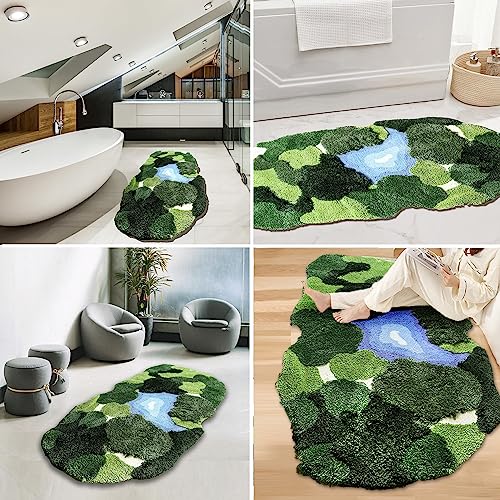 3x5 Feet 3D Moss Rug with Oval Lake Variation, Non-Slip Shag Carpet Indoor Green