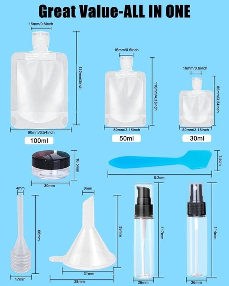 17 Pack Travel Pouches for Toiletries,TSA Approved,Travel Size Portable Containers,Stand Up Pouch,Refillable Travel Accessories for Shampoo Conditioner Lotion Soap Liquids (B-17pcs)