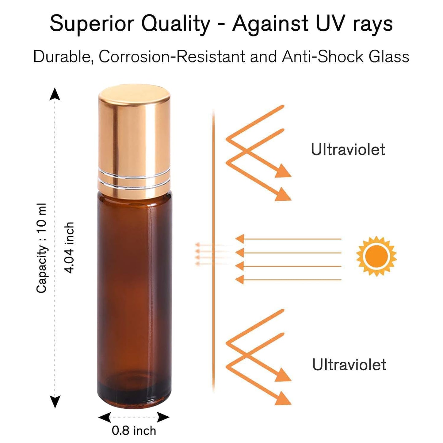 PrettyCare 4 Pack, 10 ml Essential Oil Roller Bottles with Stainless Steel Roller Ball - Refillable Leak-proof Empty Thick Amber Glass Roll on Bottles with Metal Caps for Travel, Perfume