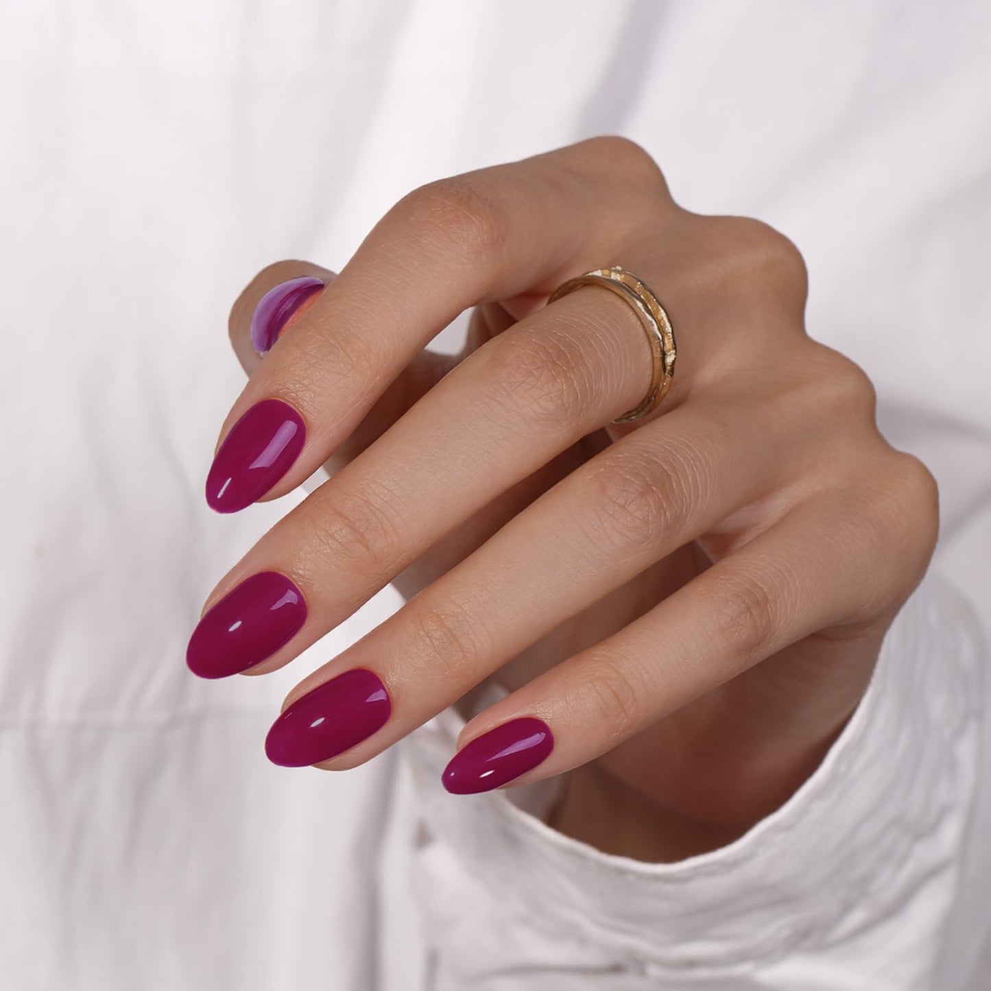 KQueenest Dark Purple Press On Nails Short Oval - Acrylic Press On Nails with Glue, Almond Short Fake Nails Press ons, Glossy Opaque Plum Color, Reusable Soft Gel Glue on Nails for Women, 24 Pcs