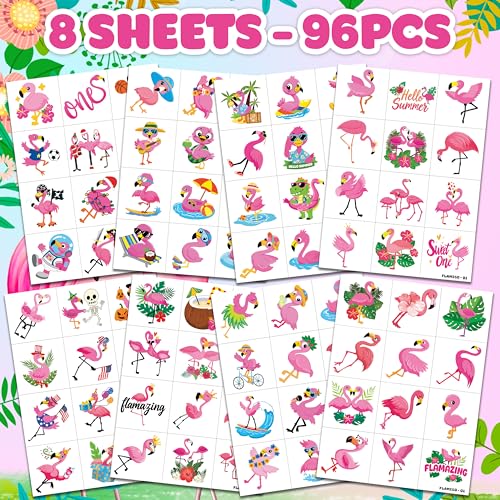 96 PCS Funny Cute Flamingo Summer Hawaiian Luau Pre-Cut Temporary Tattoos for Kids | Super Cute Themed Birthday Party Favors, Supplies, Decorations, Fake Tattoos, Rewards Gifts Boys Girls