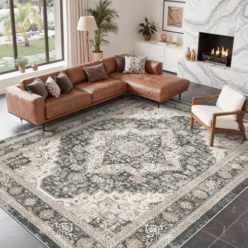 Washable Area Rug 8x10 Vintage Living Room Carpet - Black & Beige