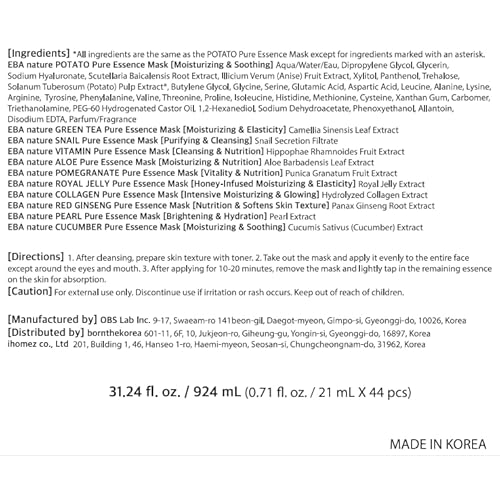 Eba nature} 44 Pcs Combo-Pack, Premium Korean Pure Essence Facial Mask Sheet (11 Types x 4 pcs), hydrating. moisturizing