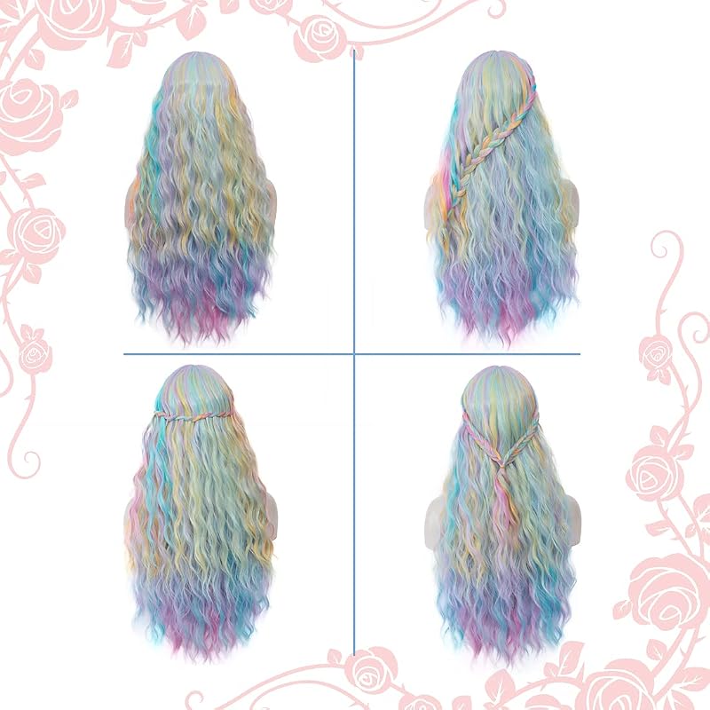 Variation of THIS listing: Multi Color Rainbow - 27'' Curly Wavy Wig with Flat Bangs for Women