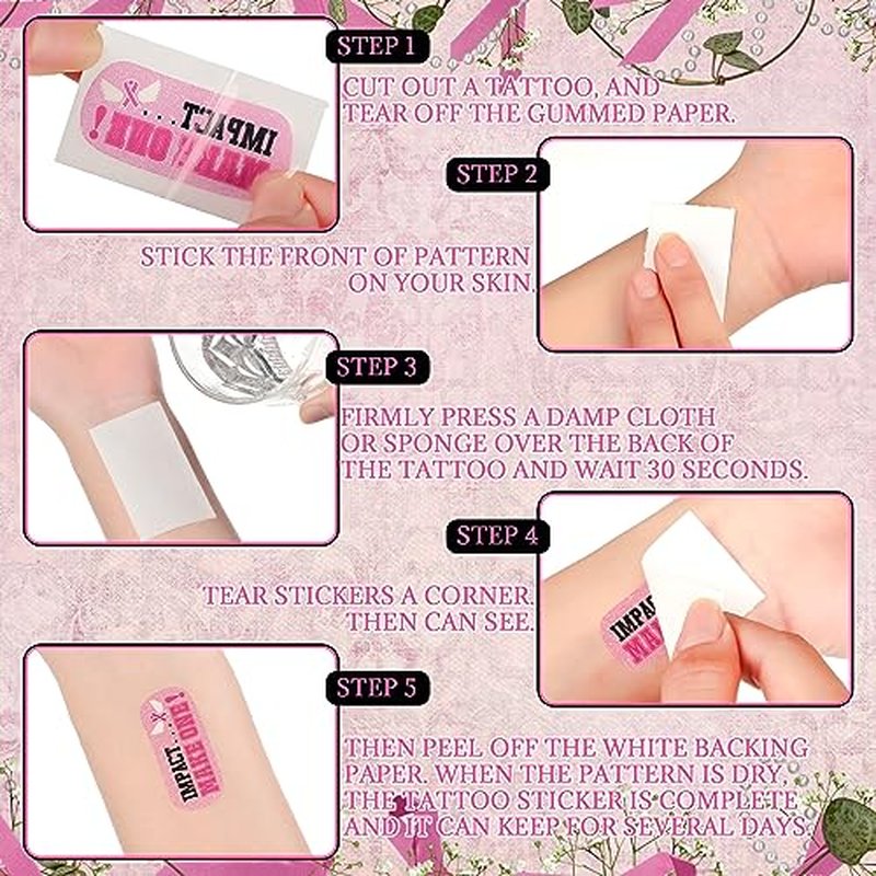 Landhoow 240 Pcs Pink Ribbon Breast Cancer Awareness Face Tattoos Stickers Bulk Ribbon Temporary Tattoo Glitter Eye Body Tattoo Stickers and Decals for Cancer Awareness Party Supply