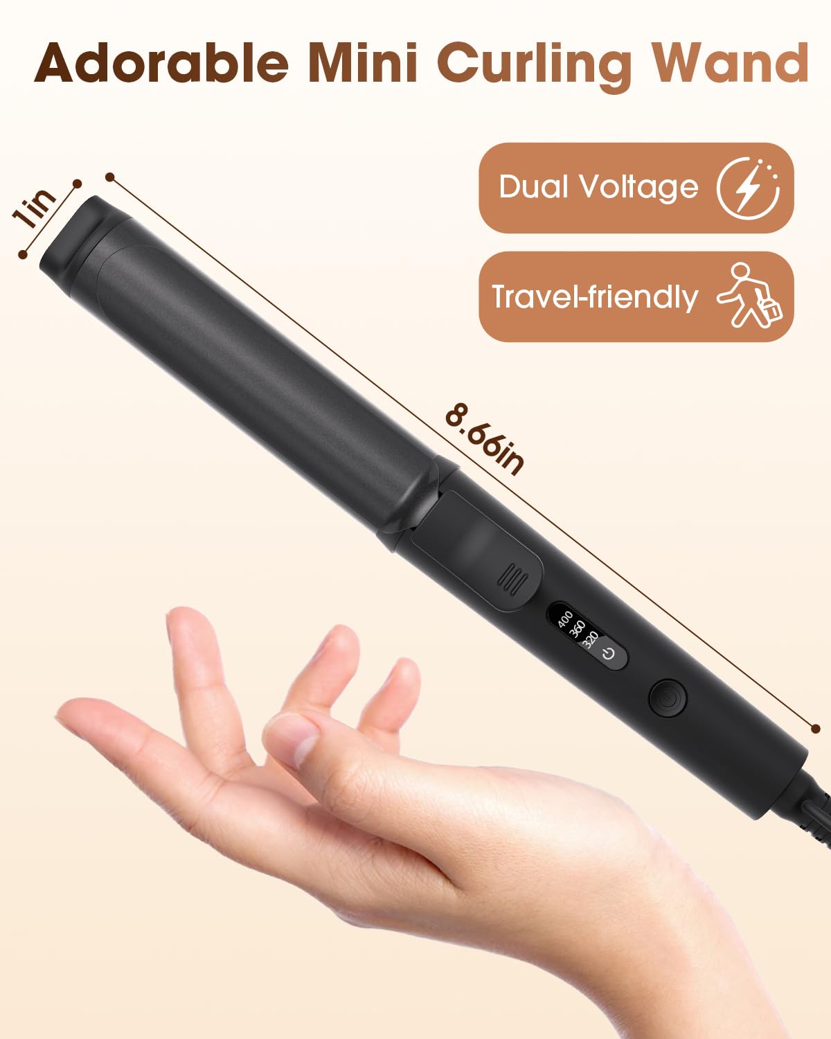Mini Curling Iron 1inch,320-360-400°F Temperature, 100~240V Dual Voltage Travel Compact Curling Iron,30S Heat-Up, Portable Hair Styling Tool, Heat-Resistant Protective Cover,Short Hair