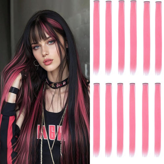 12 Pcs Pink hair extensions 22 Inch Straight colored hair colorful clip in extensions Highlight Party for Kids Girls and Women Gift(Pink,26)