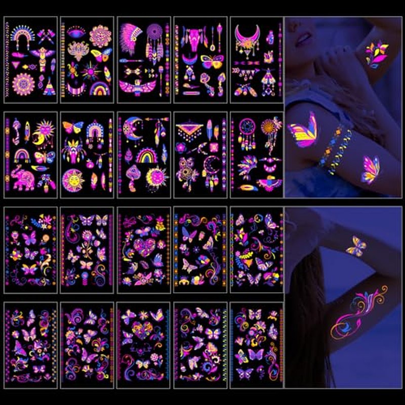 20 Sheet Glow in The Dark Temporary Tattoos - 200+Styles Fluorescence UV Neon Waterproof Body Face Fake Tattoo Stickers for Adults Women Men Kids Rave Festival Accessory Party Supplies Decorations
