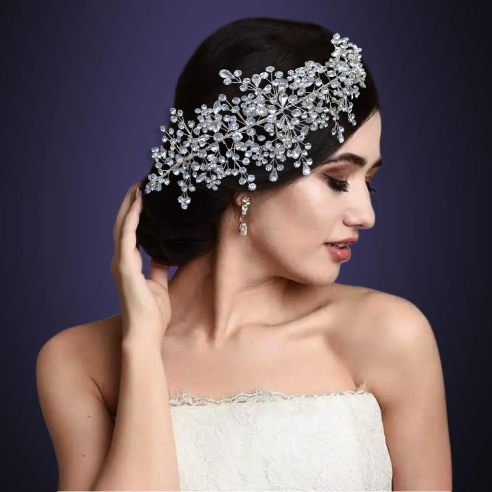 Mpoikba Rhinestone Bride Headband, Elegant Wedding Hair Pieces for Brides, Bridal Hair Accessories(Silver)