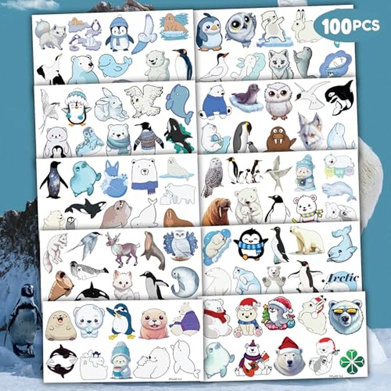 100 PCS Funny Polar Animal Temporary Birthday Blue Party Supplies Favors Seal Owl Cute Fake School Reward Themed Christmas