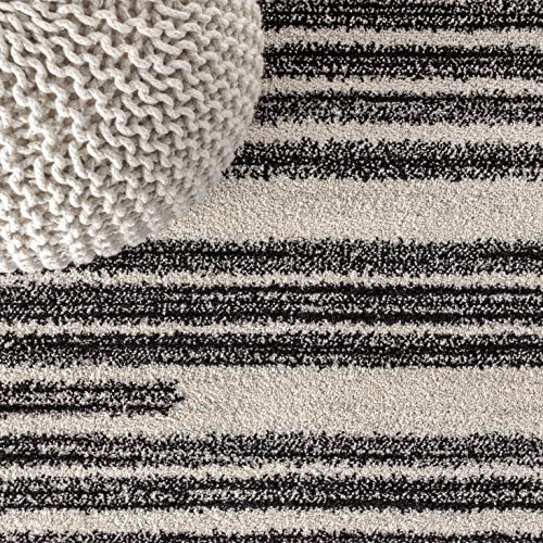 Modern Berber Stripe Area Rug - Cream Black 5'3 x 7'7 - Bohemian, Easy-Clean, Pet-Friendly