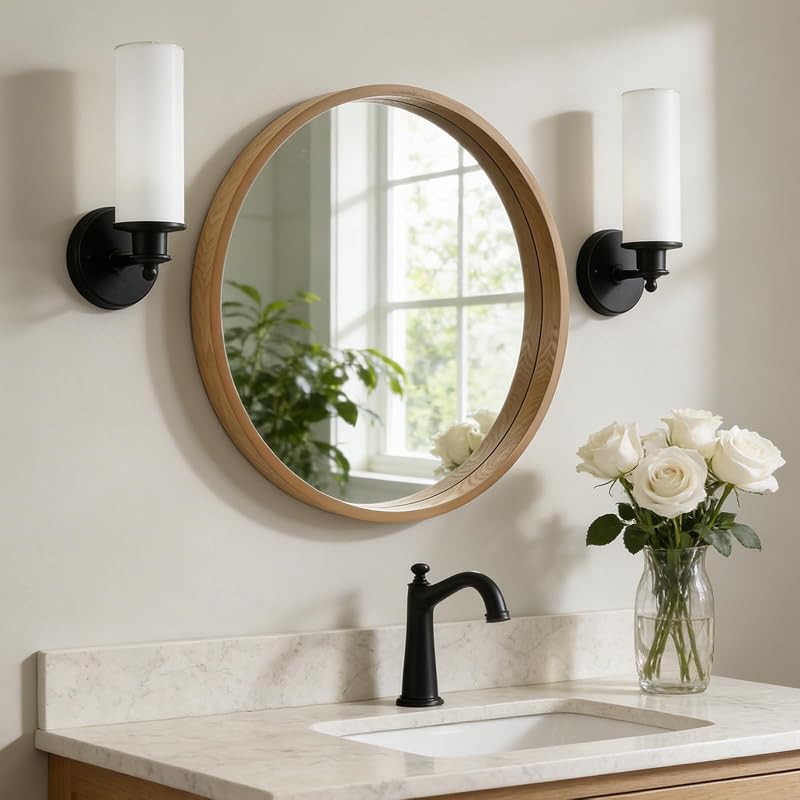24-Inch Natural Round Wood Mirror with Circle Frame - Wall-Ment Bathroom & Living Room