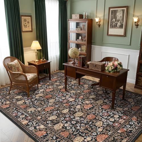 GarveeHome 9x12 Dark Brown Floral Area Rug for Living Room & Bedroom, Non-Slip Boho Vintage Design