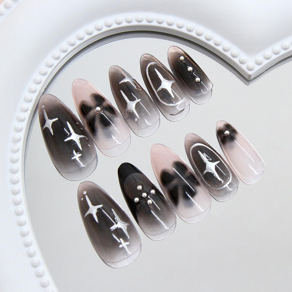 24Pcs Black Press on Nails Medium Almond Fake Nails Black Flower with Silver Star Full Cover Glue on Nails Reusable Acrylic Star False Nails Glossy Stick on Nails for Women Girls Manicure Salon Kits