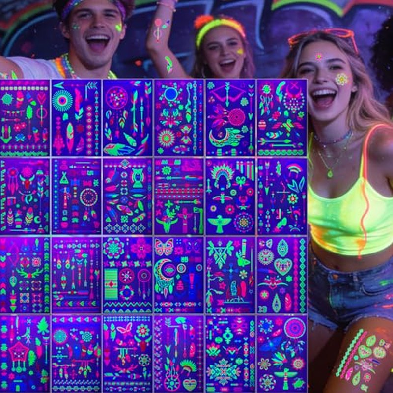 24 Sheets Glow in The Dark Temporary Tattoos, 320pcs Waterproof Neon Glow Party Tattoos, UV Black light Reactive Light Face Flash Tattoo Stickers for Parties, Halloween, Beach