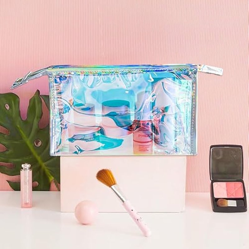 4 Pcs Holographic Makeup Bags Bulk, Small Iridescent Pouch Portable Toiletry Cosmetic Bag with Zipper, Travel Makeup Brush Holder Organizer Bag case (Blue)