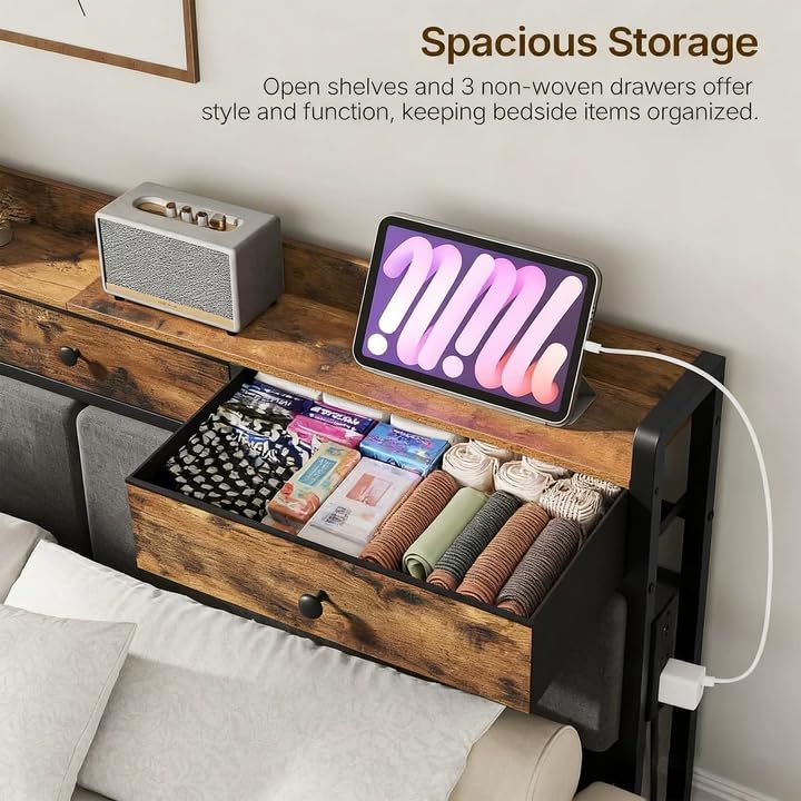 YATINEY Queen Size Headboard with Storage & Charging Station, Adjustable, Rustic Brown/Black