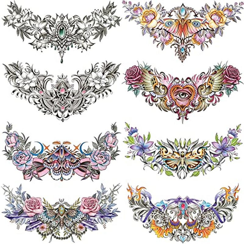 Floral Temporary Tattoo for Women, 8-Pack 7.5inx12.5in Large Realistic Flower Tattoos Stickers, Long-lasting Horizontal Fake Tattoos, Makeup for Girls Chest Back Underboob Waist Body