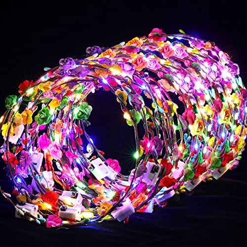 LED Flower Crowns Headbands - 50pcs Glow in The Dark Rose Hairbands for Women