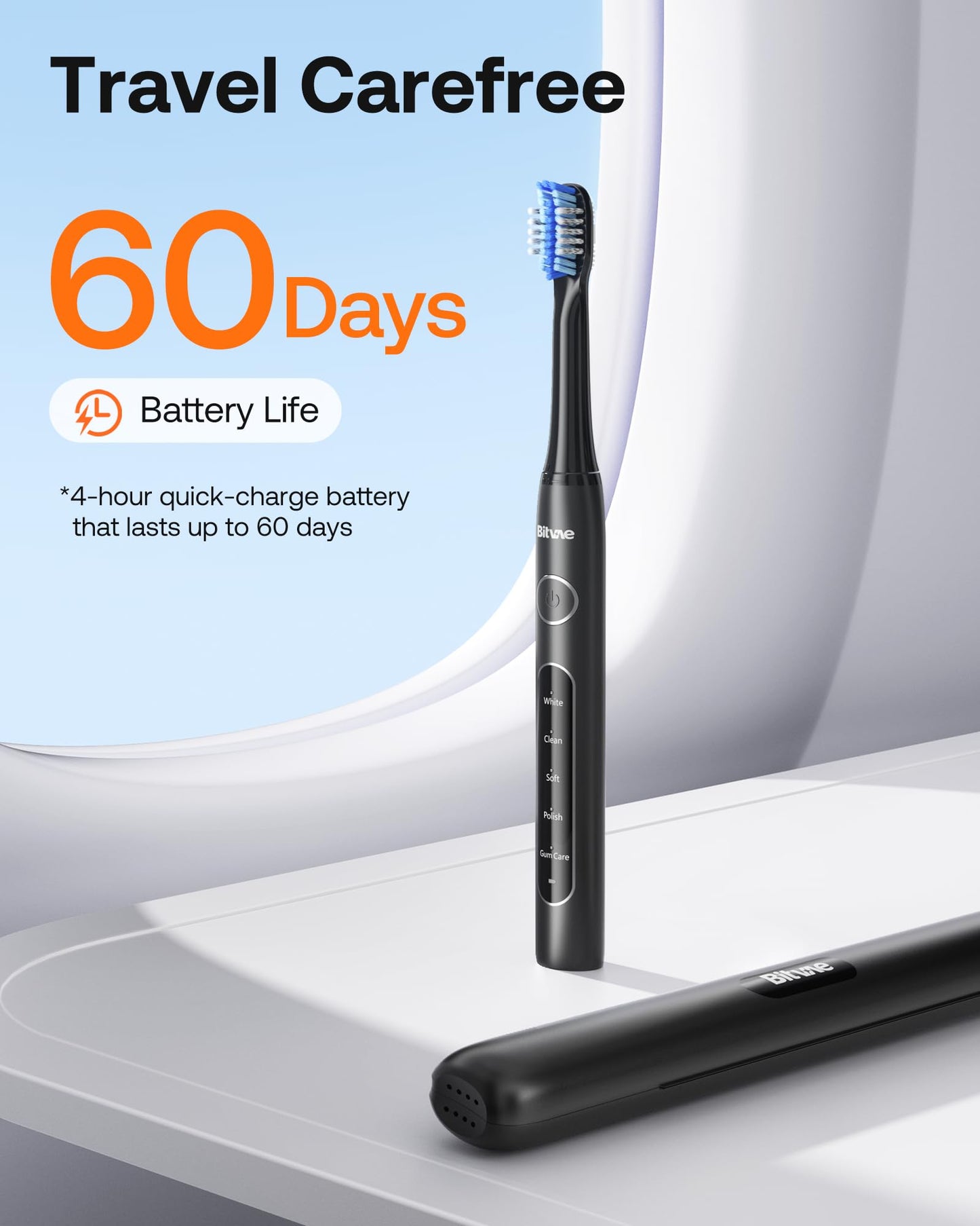 Bitvae ADA Accepted Electric Toothbrush, Travel Toothbrush Rechargeable for Adults and Kids, 60-Day Battery, 5 Modes, 8 Heads, Portable Travel Case & Holder, Shadow Black