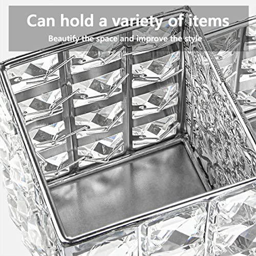 LUEXBOX Crystal Makeup Brush Holder, One-Piece Square Brush Organizer, Cosmetics Brush Storage Container for Table, Dresser, Bathroom, Bedroom Organization (Silver)