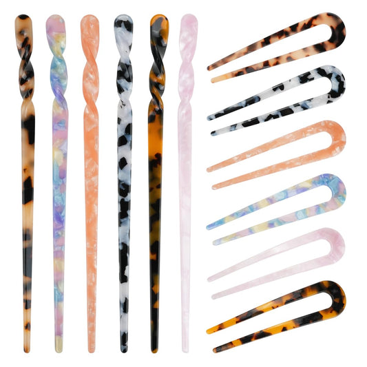12 Pack Acetate Hair Sticks Vintage Tortoise Shell Hair Pin U-Shaped Chignon Prong French Chopsticks Hair Forks Leopard Print Styling Accessories for Women Girls Updos Buns