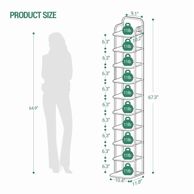 Vertical 10-Tier Shoe Rack Organizer – Free Standing 67.3" Tall, Black with 2 Side Hooks (Variation: Black+10 Tier)