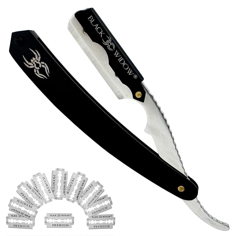 Black Widow Professional Barber Straight Edge Razor – 1.5mm Blade Exposure, 2.6 oz Stainless Steel Shavette (10 DE Blades) – Matte Black & Chrome, Swing-Lock
