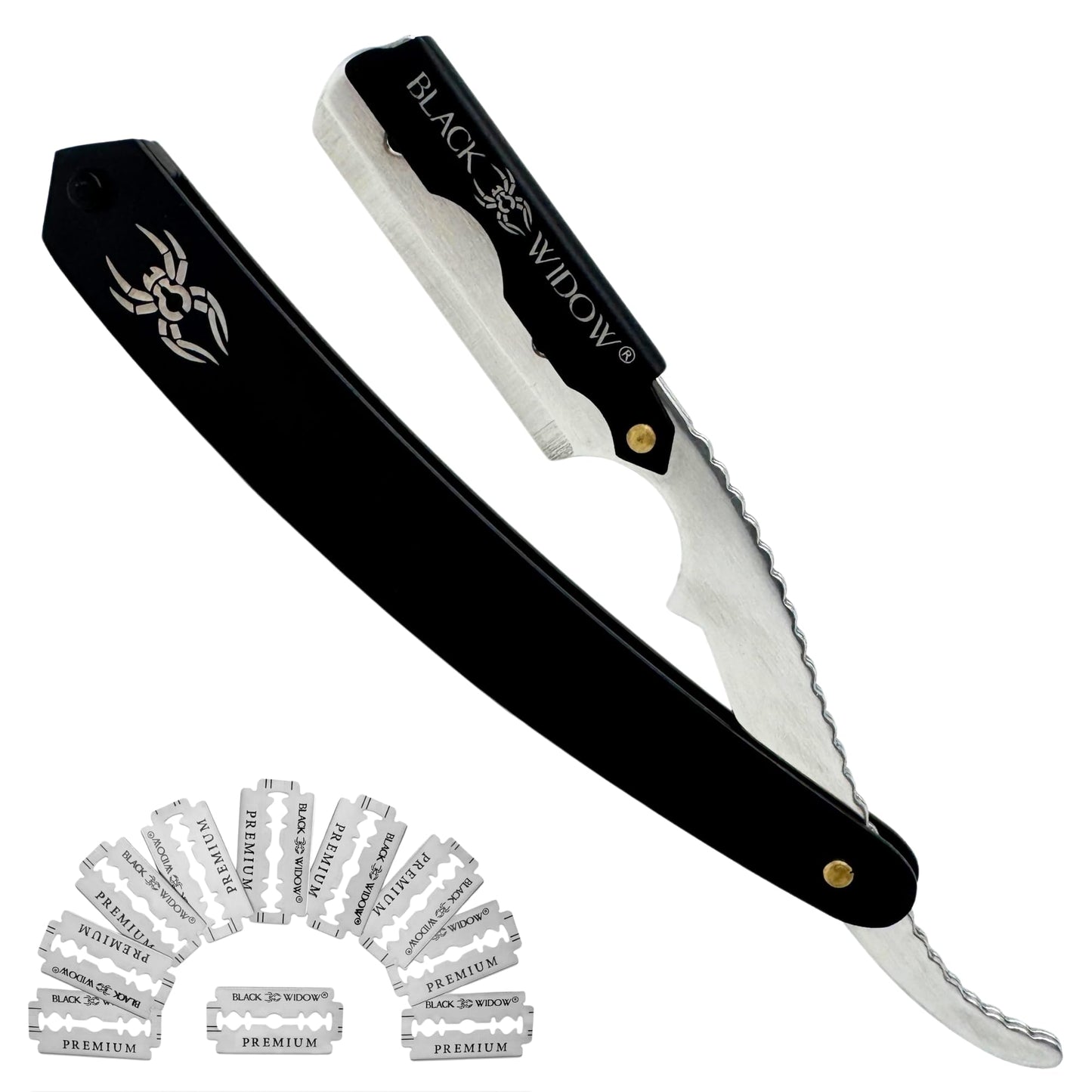 Black Widow Professional Barber Straight Edge Razor – Stainless Steel Shavette, 1.5 mm Blade Exposure, Matte Black & chrome, 10 Double Edge Blades (20 Single-Edge) for Lineups & Beard Shaping