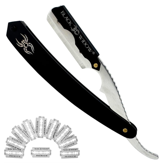 Black Widow Professional Barber Straight Edge Razor – Stainless Steel Shavette, 1.5 mm Blade Exposure, Matte Black & chrome, 10 Double Edge Blades (20 Single-Edge) for Lineups & Beard Shaping
