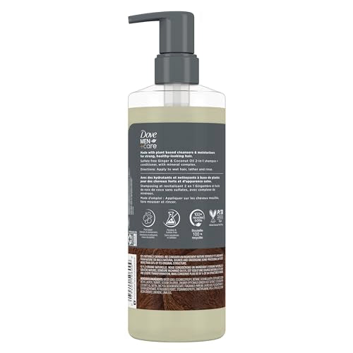DOVE MEN + CARE 2-in-1 Shampoo + Conditioner Ginger & Coconut Oil for Hydrated Hair, +Mineral Complex, 17.5 oz