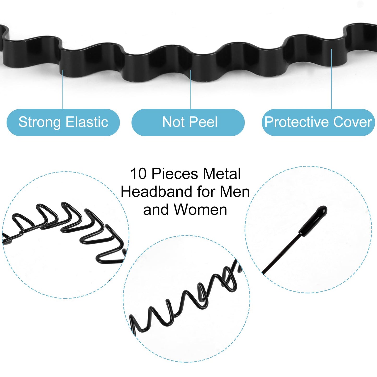 fenshine 6PCS Metal Hair Bands, Spring Wavy Hoop Unisex Black Headband Slicked Back Non Slip Sports Hairband for Women Men…