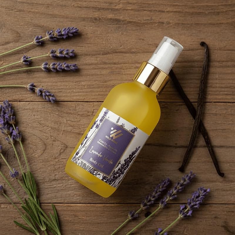 Wild Vibes Lavender Vanilla Body & Massage Oil - Hydrating Jojoba, Papaya & Shea Nut Oils, Vitamin E, Collagen Support, 4oz - All Skin Types
