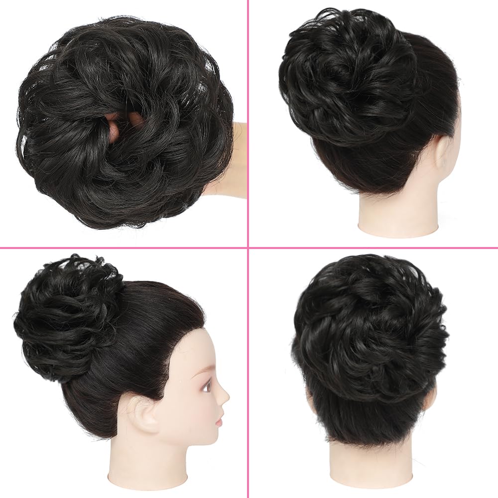 YOLANFAIRY 2PCS Messy Bun Hair Piece Wavy Curly Tousled Updo Hair Buns Synthetic Chignon Elastic Hair Band Fake Bun Hair Pieces for Women (Dark Brown, 2PCS Diverse)