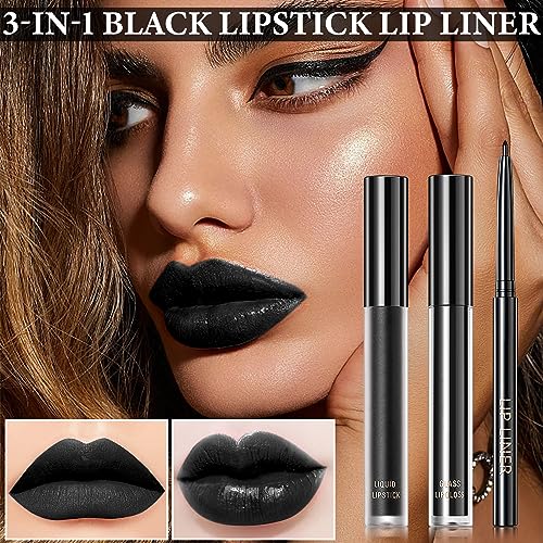 Black Matte Liquid Lipstick,3 in 1 Black Lip Liner and Lipstick Set,Matte Lip Gloss Long Lasting Moisturizing Velvet Lipgloss Make Up Gift Set Cosplay Goth Halloween Special Effects Makeup Kit
