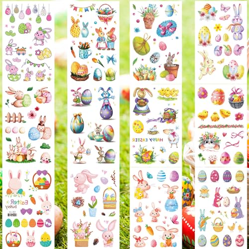 Glitter Easter Bunny Temporary Tattoos for Kids Easter Eggs Flower Decoration Stickers Happy Easter Basket Stuffers 12 Sheets, Children Rabbit Birthday Party Favors Class Rewards