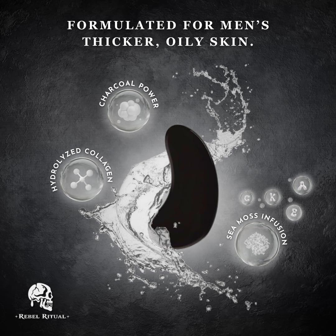 Rebel Ritual Under Eye Patch: men's under eye patch, brightens under eyes, anti-aging, collagen, charcoal, sea moss, Vitamins A, C, E, & K, reduces puffiness, moisturizes, all skin types