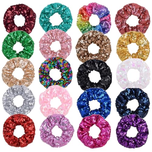 Sparkly Sequin Hair Scrunchies 20-Pack - Colorful Glitter Ponytail Holders for Women & Girls