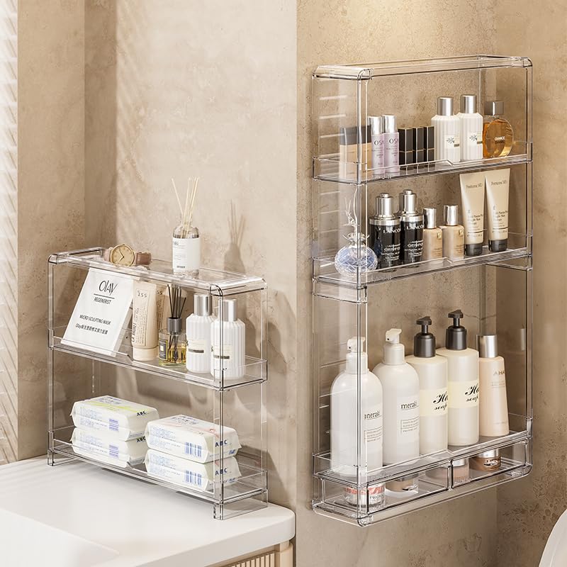 Wall Acrylic Display Shelves with Dividable Bins - Multi-Tier Bathroom & Kitchen Organizer