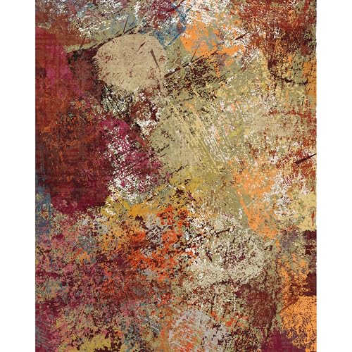8x10 ft Modern Abstract Washable Area Rug - Non-Slip Backing, Short Pile, Red & Orange