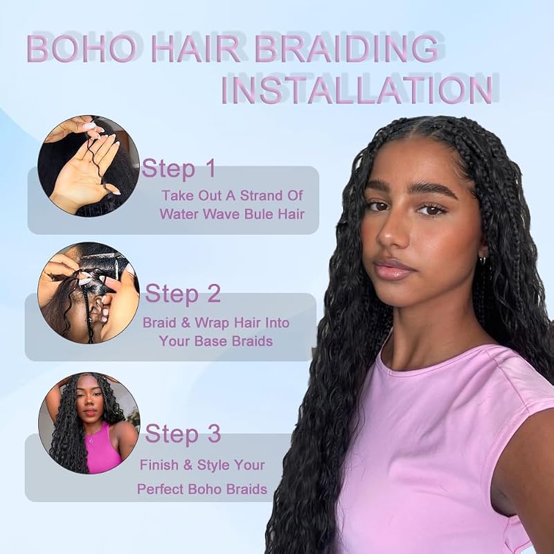 18 Inch Virgin Human Hair Bundles Water Wave 110g 2 Bundles No Weft Boho Braiding Hair Natural Color - variation: natural black+18