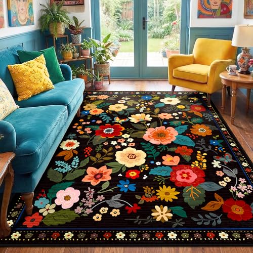 Floral Washable Area Rug 8x10 Black - Non-Slip, Pet-Friendly, Machine Washable