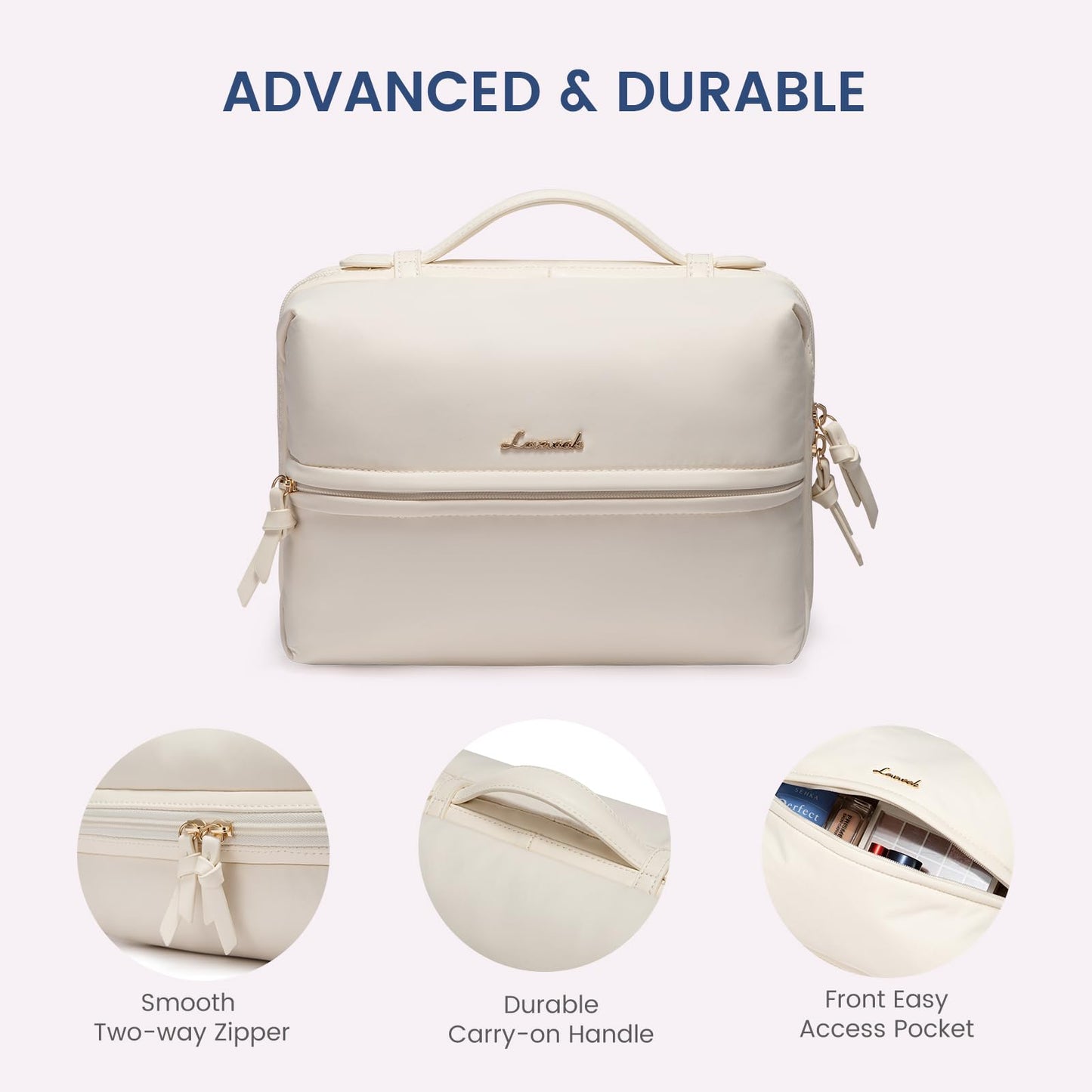 LOVEVOOK Travel Toiletry Bag With Hanging Hook for Women, Puffy Cosmetic Makeup Bag Organizer with Vegan Leather Handle for Accessories, Essentials, Toiletries, Off white