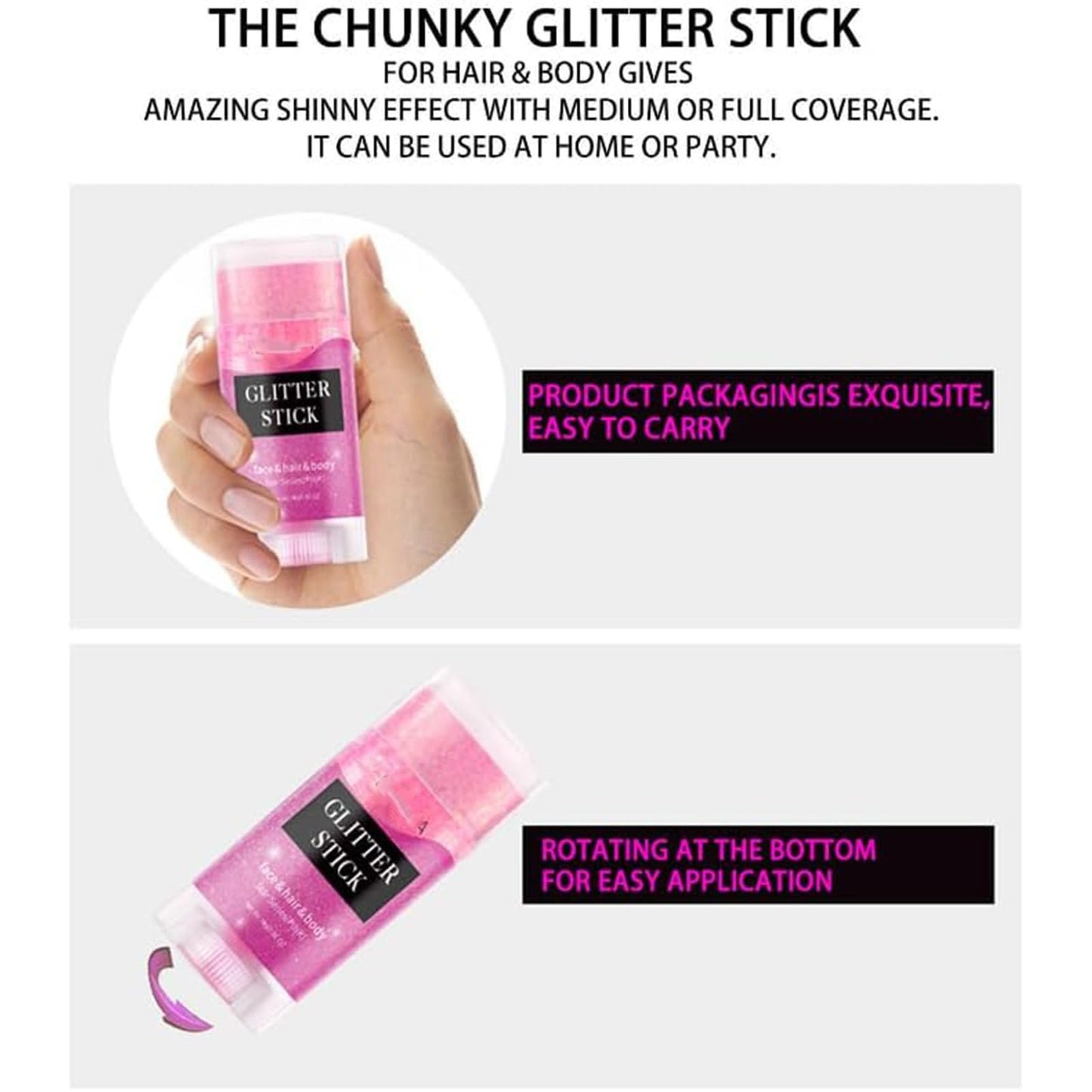 Liplaya Glitter Stick, Magic Pearl Flash Sticks, Facial Glitters Sticks, Glitter Stick for Face & Body, Parties, Music Festivals, Body Makeup Accessories for Women, Long-Lasting Shine (Pink)