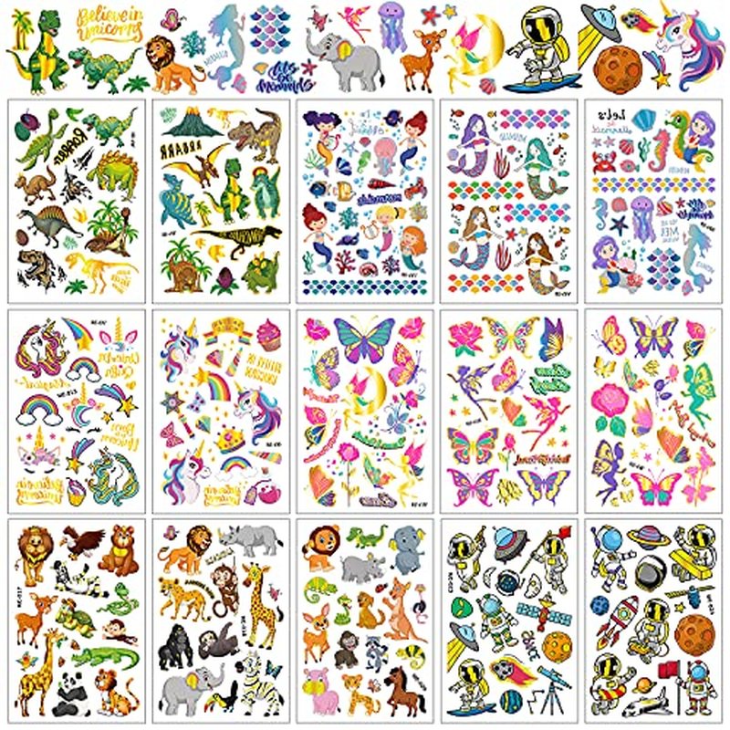 250+ Temporary Tattoos for Kids, Uni cor Mermaid Outer Space Dinosaur Glitter Tattoo, Boy Girl Birthday Party Favors Supplies, Stocking Stuffers Goodie Bag Filler