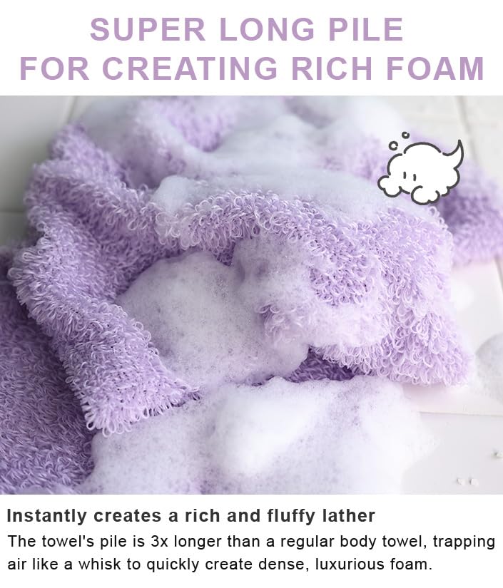 Exfoliating Shower Towel Set - White & Lavender, 2-Pack, Soft & Long Pile, Made in Japan
