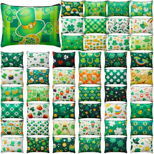 48 Pcs St. Patrick's Day Makeup Bags Bulk Canvas Cosmetic Bags Green Toiletry Storage Zipper Pouch Portable Travel Purse Organizer for Irish Holiday Party Gifts