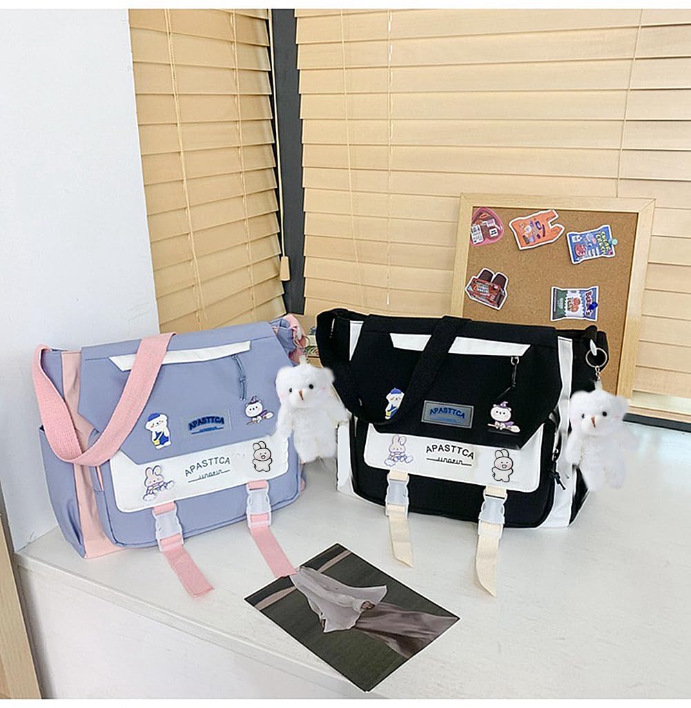 PRLINJSK Cute Messenger Bag for Teen Girls Women, Kawaii Crossbody Shoulder Purse with Pins and Stuffed Pendant Gift