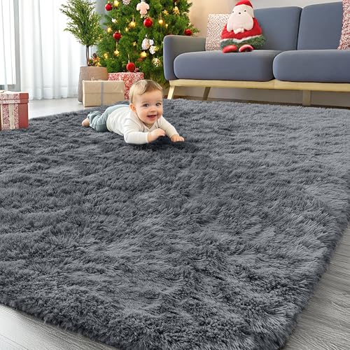 6x9 Ft Grey Large Area Rug - Machine Washable Fluffy Shaggy Bedroom & Living Room Floor Carpet - Non-Slip Indoor Home Decor