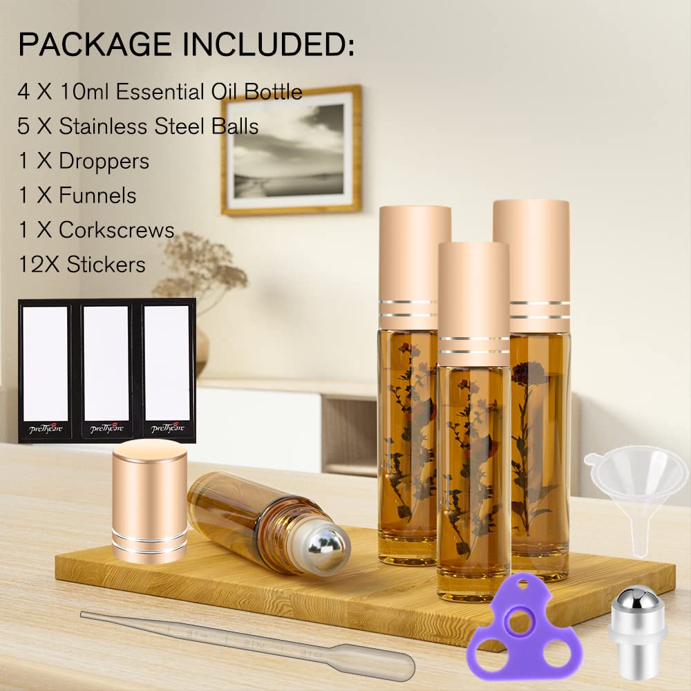 PrettyCare 4 Pack, 10 ml Essential Oil Roller Bottles with Stainless Steel Roller Ball - Refillable Leak-proof Empty Thick Amber Glass Roll on Bottles with Metal Caps for Travel, Perfume